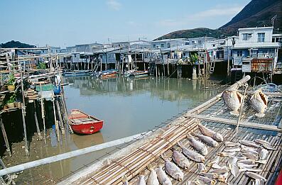 Lantau Island - Stelzenhäuser im Dorf Tai O, auf der Sonne trocknende Fische