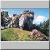 ein Kalksteinfelsen mit der Burgruine im Dorf Morsko