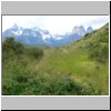 Torres del Paine - Wanderung vom Campingplatz Pehoé zum Aussichtspunkt Mirador Condor, Blick auf die Cuernos