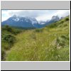 Torres del Paine - Wanderung vom Campingplatz Pehoé zum Aussichtspunkt Mirador Condor, Blick auf die Cuernos