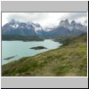 Torres del Paine - Wanderung vom Campingplatz Pehoé zum Aussichtspunkt Mirador Condor, Blick auf die Cuernos und den Lago Pehoé