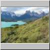 Torres del Paine - Wanderung vom Campingplatz Pehoé zum Aussichtspunkt Mirador Condor, Blick auf die Cuernos und den Lago Pehoé